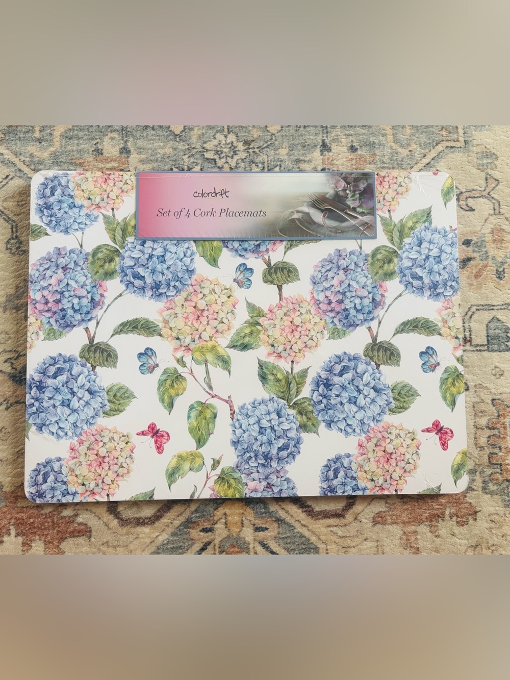 Colorful Hydrangea Cork Placemats Set - Blue & Pink Floral (Set of 4)